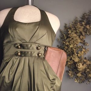HP {Tweeze Me} Olive Halter Party Dress with Pockets Lined